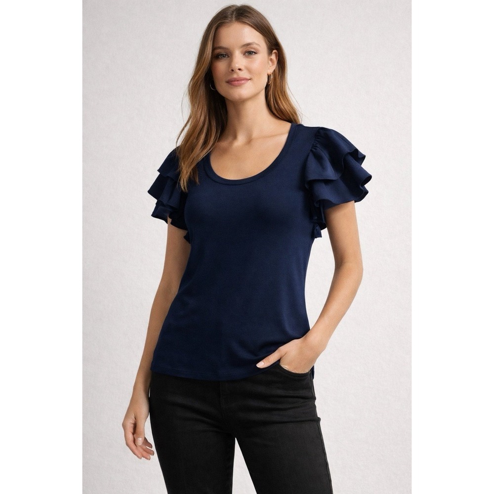 Trina Turk Ruffle Sleeve Top Womens Small Navy Blue Scoop Neck 2206101MH1